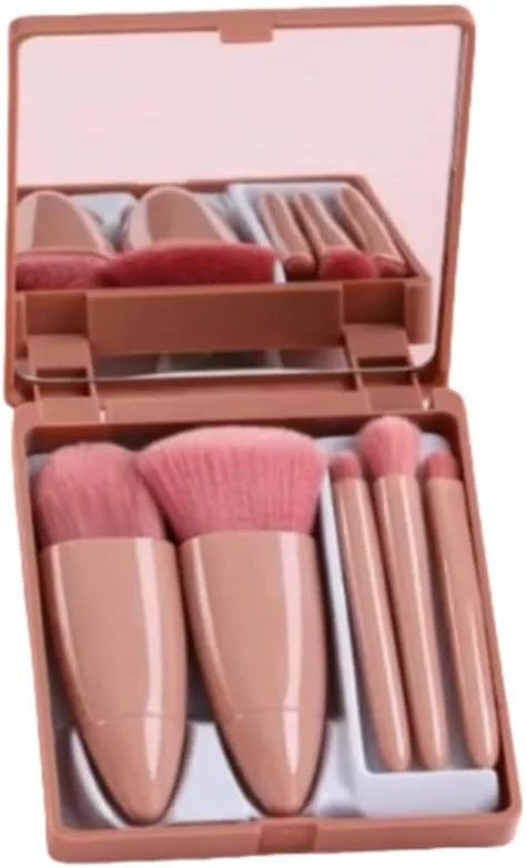 ست برس آرایشی، الیاف قهوه ای پلاستیکی سایز مینی، ابزار آرایشی فونداسیون، سایه چشم و رژگونه به همراه آینه برای زنان، مناسب سفر و منزل