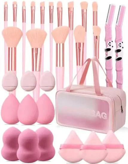 ست برس آرایشی به همراه اسفنج آرایشی، برس شستشوی صورت، برس های آرایشی، ابزار آرایش، کیف