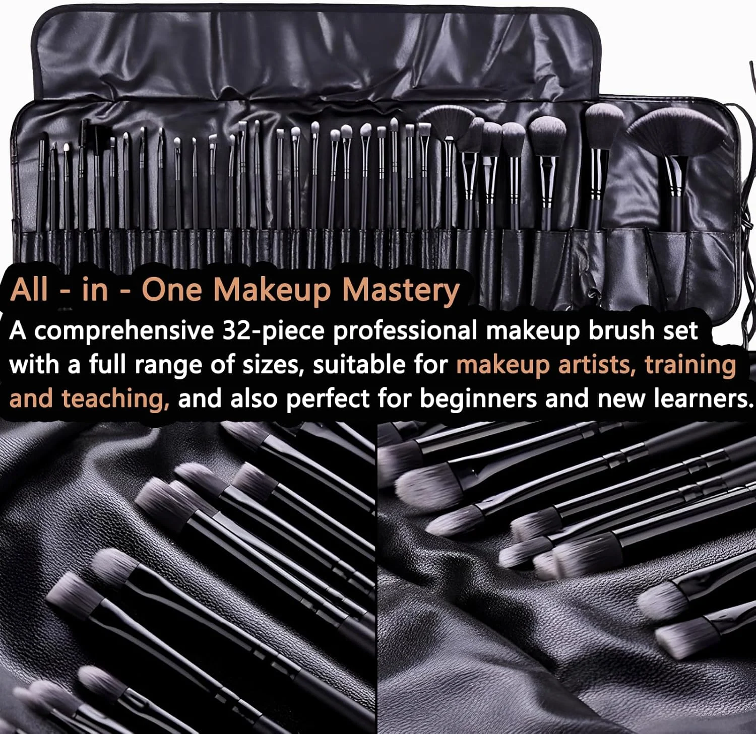 ست برس آرایشی، 32 عدد برس آرایش حرفه ای، موی اسب با کیفیت عالی و دسته های بادوام، برس آرایشی صورت به همراه کیف برای هنرمندان و علاقه مندان به آرایش، استفاده مکرر