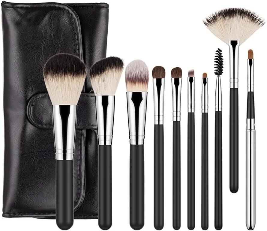 ست برس آرایشی با کیف، شامل برس پودر، کرم پودر، هایلایت، سایه چشم، ترکیب کننده، ابرو و لب