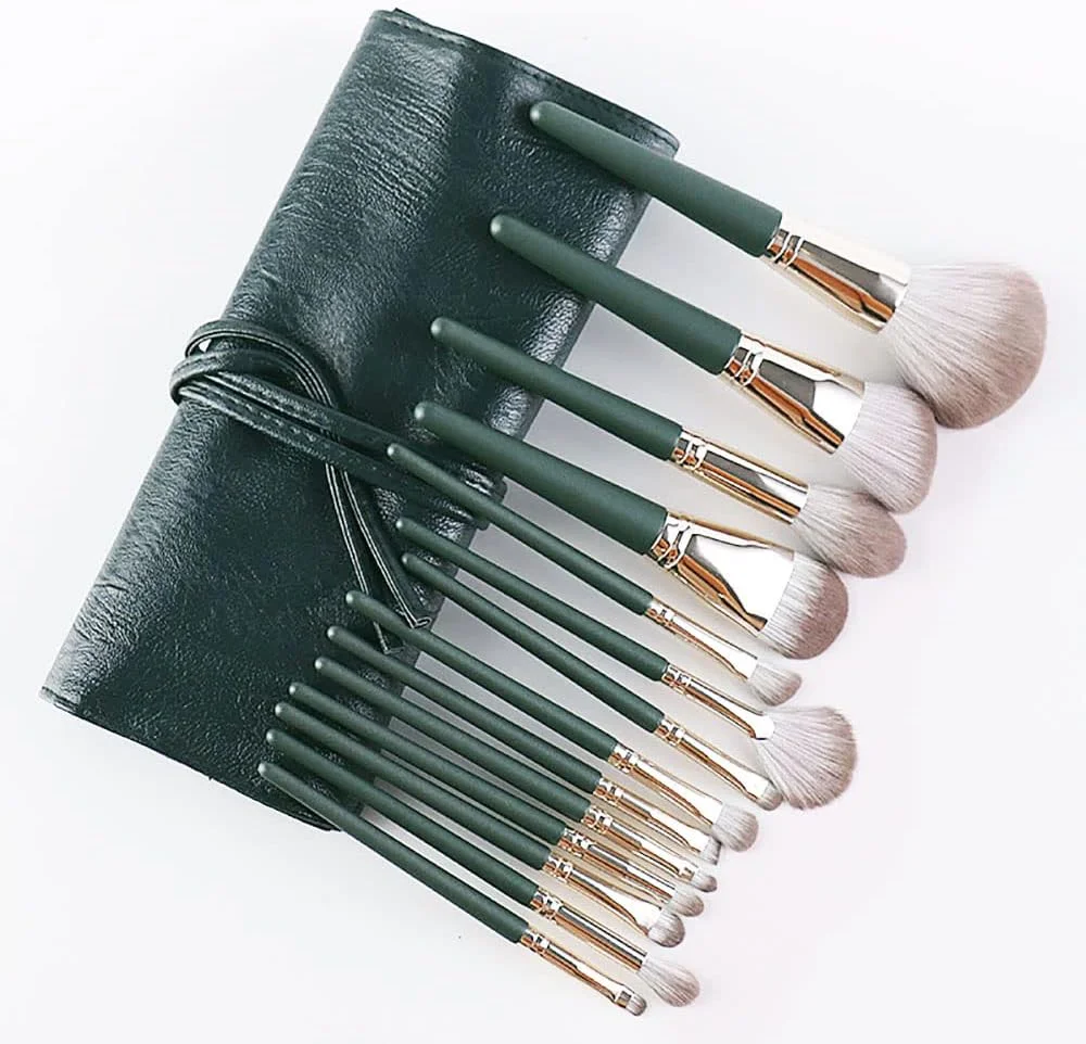ست برس آرایشی پودر سایه چشم کانسیلر کرم پودر برس الیاف فوق العاده ضخیم و نرم دسته چوبی لوله آلومینیومی ضخیم شده هایلایتر ترکیب خط ابرو ست قرقره سبز 14 عددی