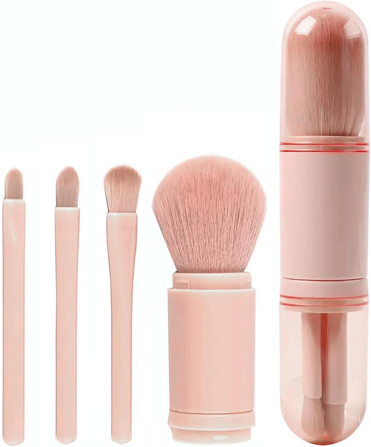 ست برس آرایشی قابل حمل، برس پودر مسافرتی 4 در 1، برس لب، برس سایه چشم، برس هایلایت، برس های پودر ترکیبی فونداسیون، ست برس های آرایشی جمع شونده، صورتی