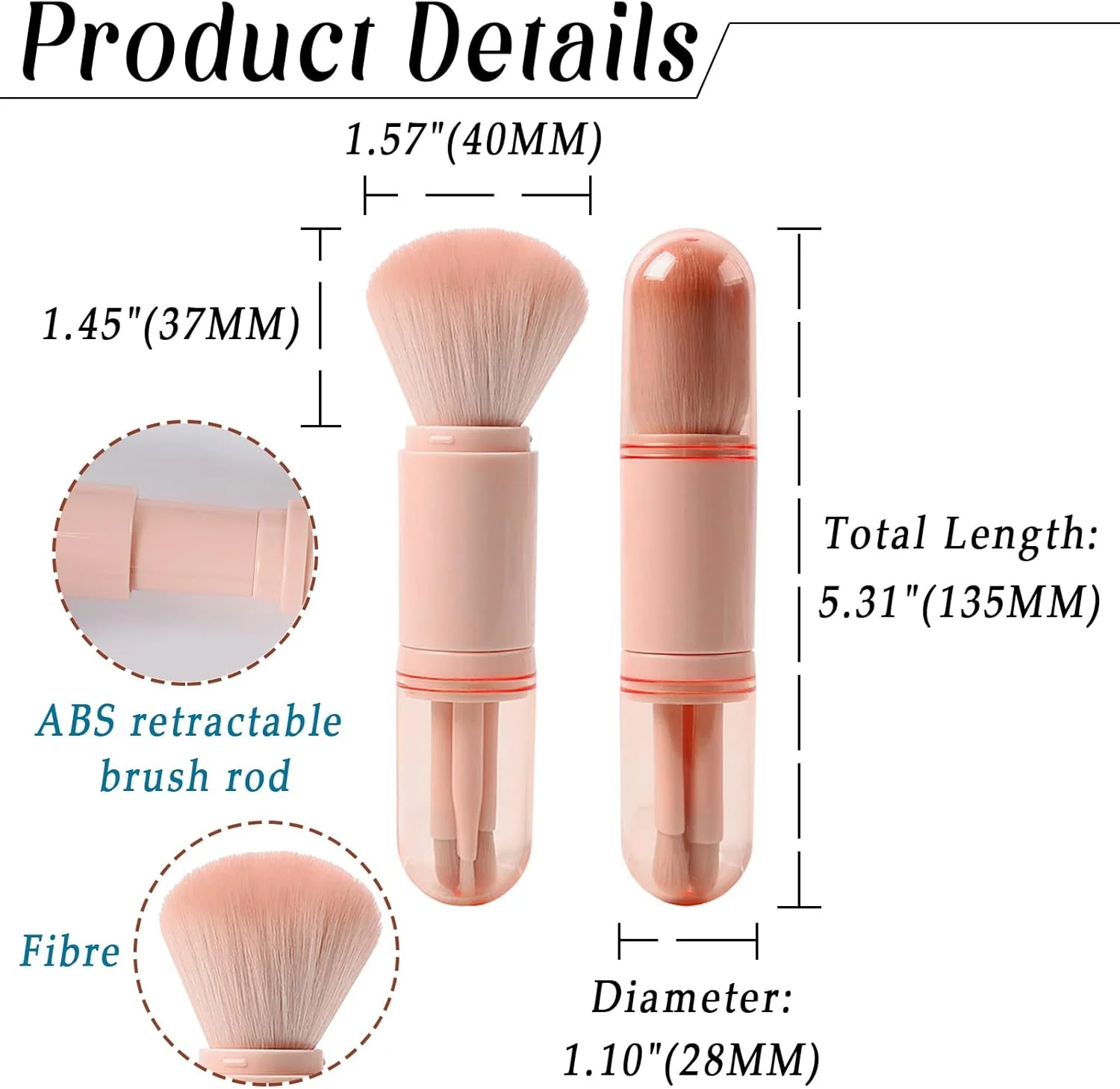ست برس آرایشی قابل حمل، برس پودر مسافرتی 4 در 1، برس لب، برس سایه چشم، برس هایلایت، برس های پودر ترکیبی فونداسیون، ست برس های آرایشی جمع شونده، صورتی