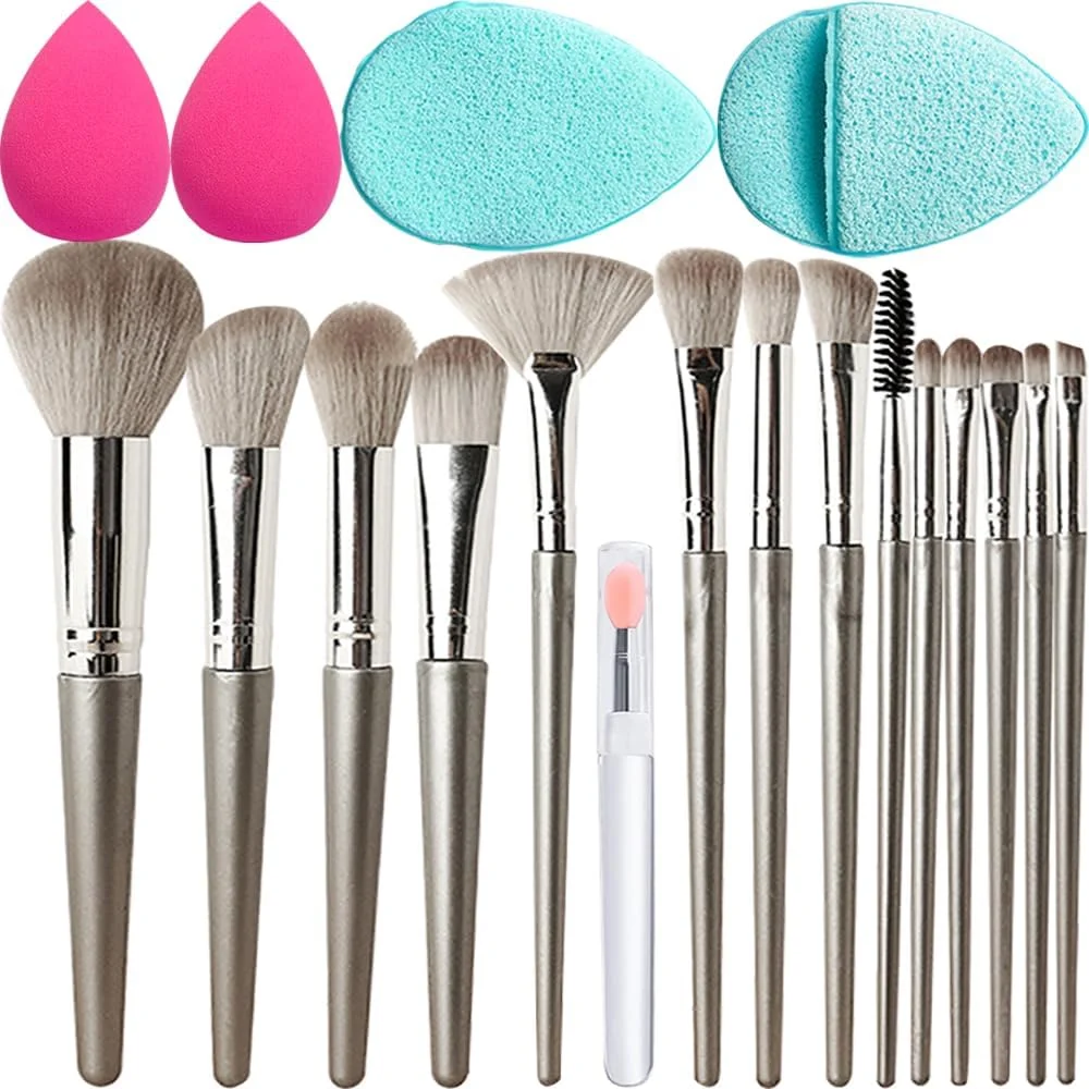 ست برس آرایشی، ست اسفنج آرایشی، کیت پف پودر، ست بلندر آرایشی بدون لاتکس، برس لب قابل حمل با درب برای رژ لب برای زنان و دختران