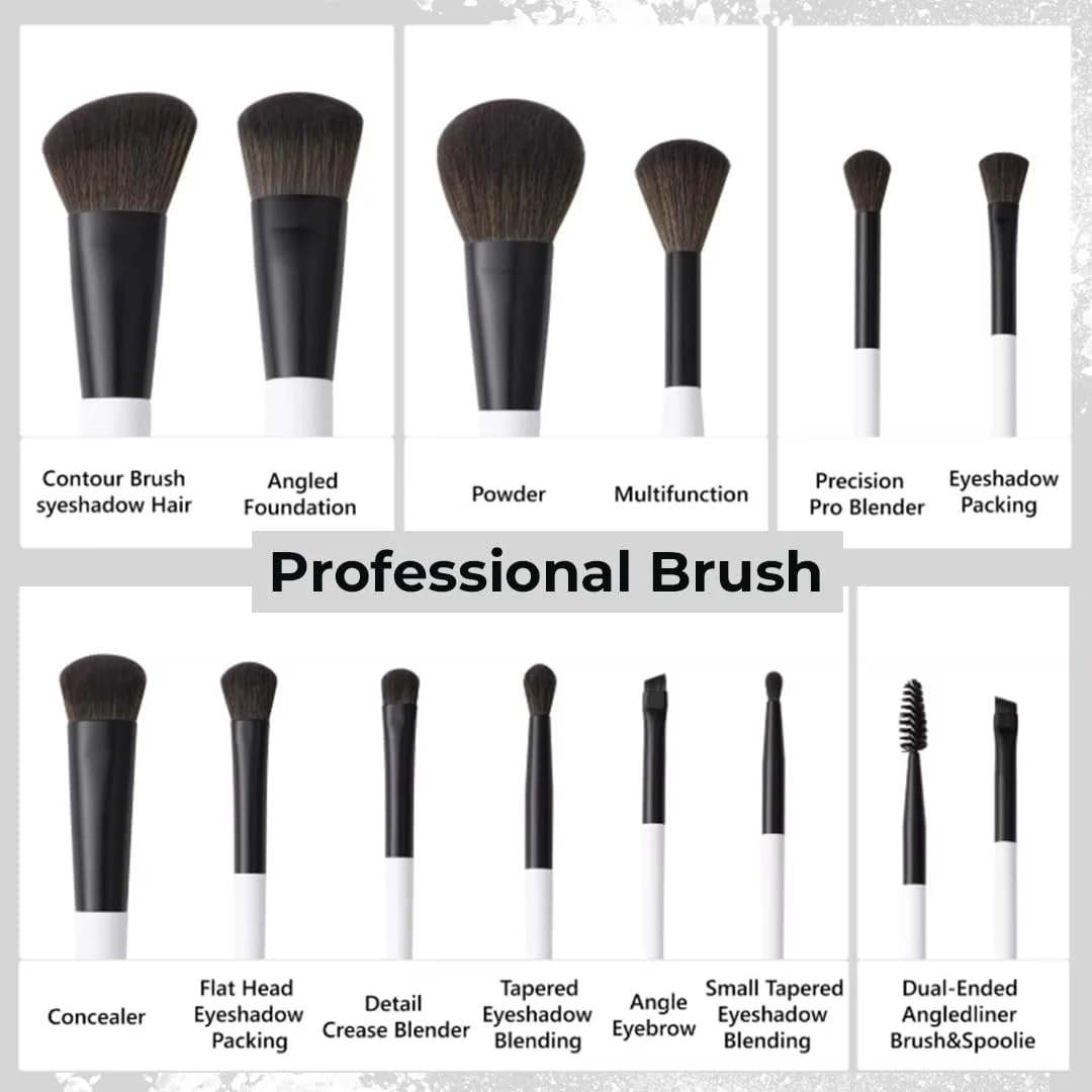 ست برس آرایشی 12 تکه با کیف و پد تمیز کننده سیلیکونی، برس های دو طرفه برای کرم پودر، کانتور، رژگونه، هایلایتر، ترکیب، ابرو، سایه چشم، خط چشم و کانسیلر، سفید روشن