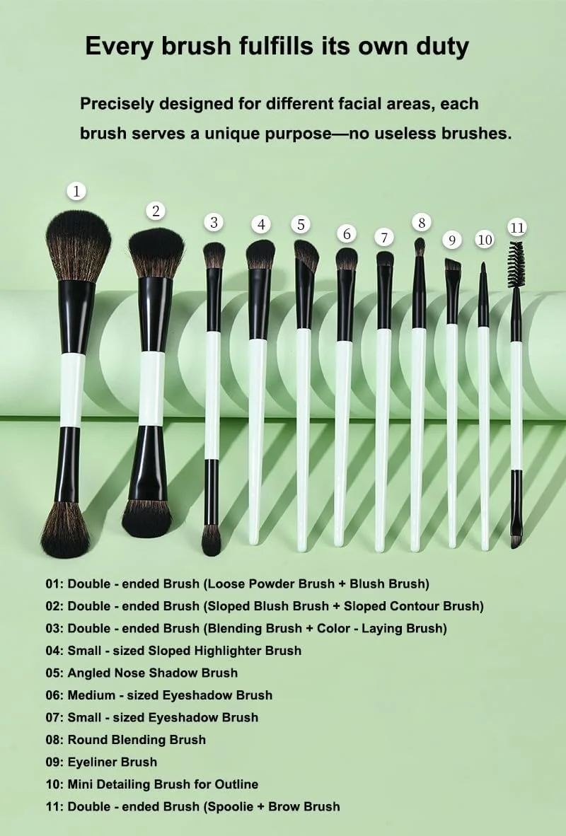 ست برس آرایشی 11 تکه، برس دو طرفه برای کرم پودر، کانتور، رژگونه، هایلایت، ترکیب، ابرو، سایه چشم، خط چشم و کانسیلر، ابزار آرایشی