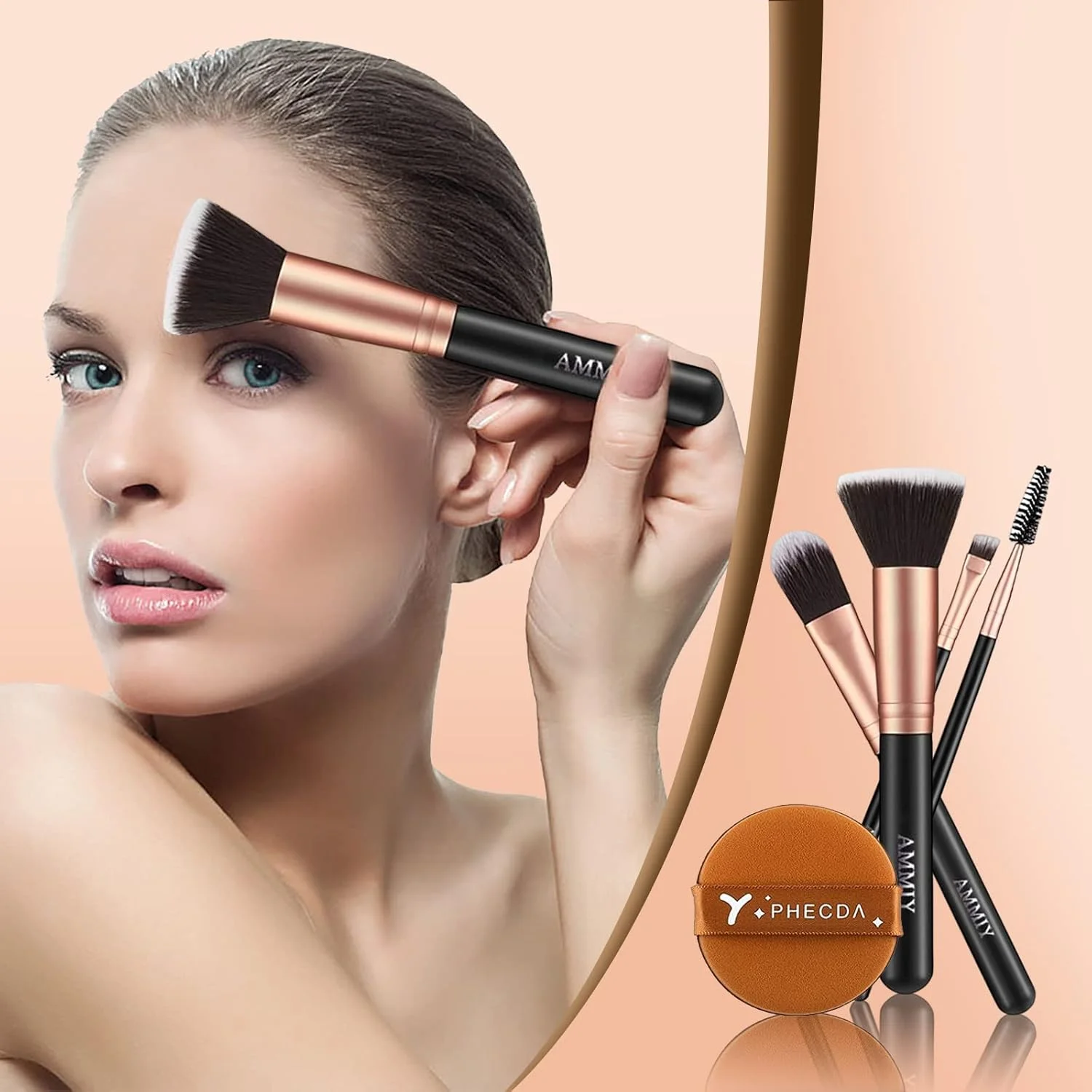 ست برس آرایشی رز گلدن 14 تکه به همراه اسفنج آرایشی و پاک کننده برس، برس های کابوکی مصنوعی ممتاز برای کرم پودر، پودر صورت، رژگونه، سایه چشم، بدون تست حیوانی