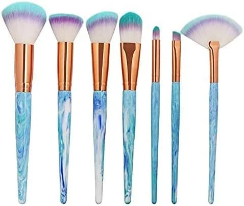 ست برس آرایشی حرفه ای 7 تکه برای کرم پودر، کانسیلر، رژگونه، ترکیب، پودر صورت، کانسیلرها و لوازم آرایش چشم، ابعاد 20 * 14 * 2 سانتی متر، آبی