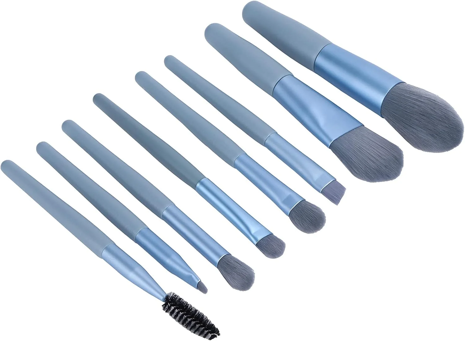 ست برس آرایشی 8 تکه شامل برس سایه چشم، ابرو، لب، رژگونه به همراه کیف نگهداری (آبی)