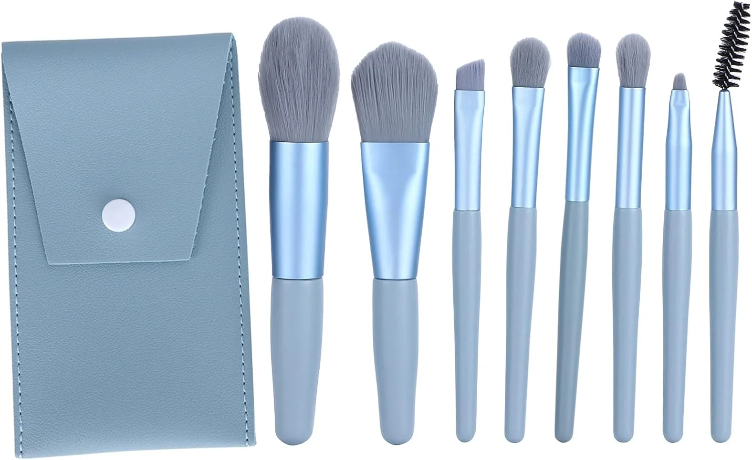 ست برس آرایشی 8 تکه شامل برس سایه چشم، ابرو، لب، رژگونه به همراه کیف نگهداری (آبی)