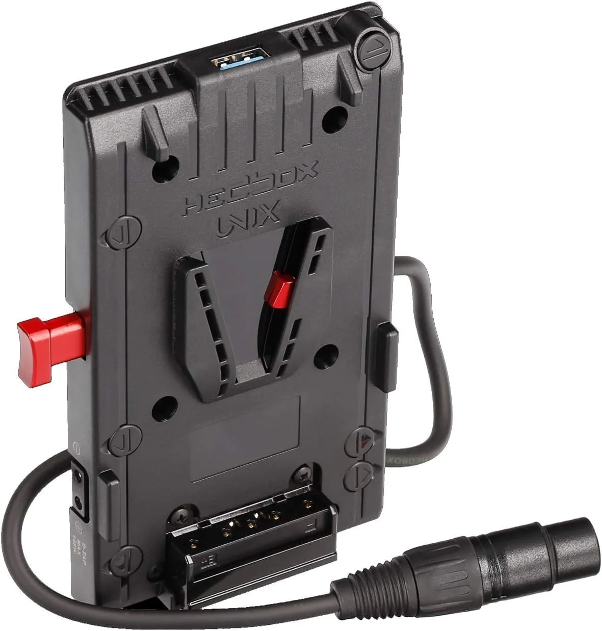 صفحه آداپتور باتری مانت V مدل HEDBOX UNIX-4X، با 3 خروجی D-Tap 14.4V/10A و USB 5V/2.1A، کابل 15 اینچی/40 سانتی متری با کانکتور 4 پین XLR (4-Pin XLR)