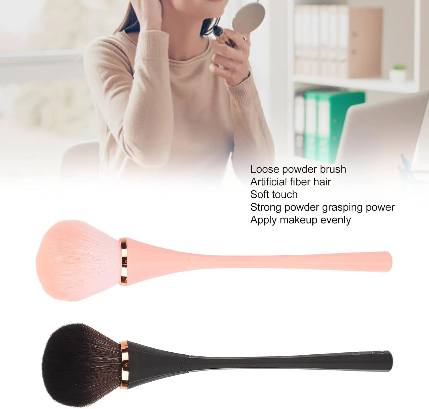 براش آرایشی، 2 عدد براش پودر معدنی، ست براش رژگونه پودر نرم و کرکی برای ترکیب کردن، ابزار آرایشی هنرمند آرایش (صورتی، مشکی)