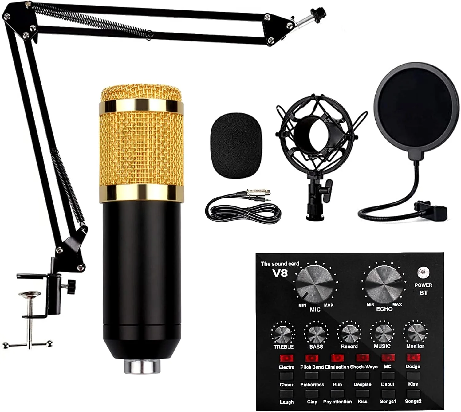 ست میکروفون QDDVGTGDS BM-800 با میکسر صدا، تغییر دهنده صدا، جعبه صوتی با افکت های مختلف، منبع تغذیه فانتوم 48 ولت، بازوی قیچی تعلیق قابل تنظیم، کیت کارت صدای زنده