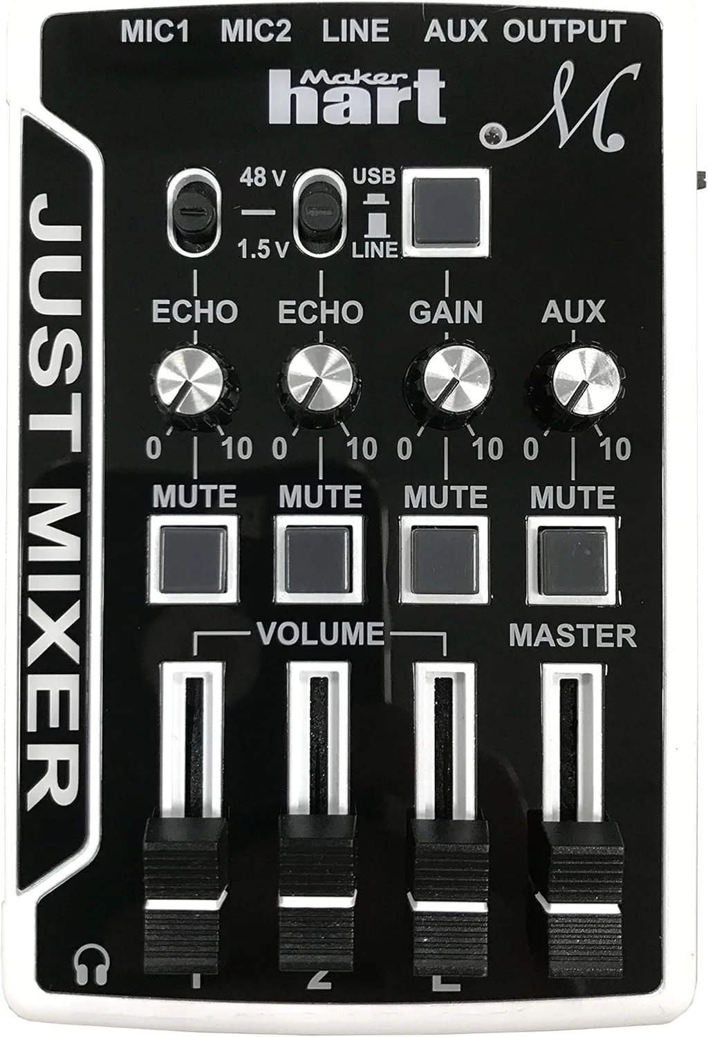 میکسر کوچک میکروفون Maker Hart Just Mixer M با پری امپ برای فانتوم پاور، ورودی و خروجی صدای USB (پکیج پایه، مشکی)