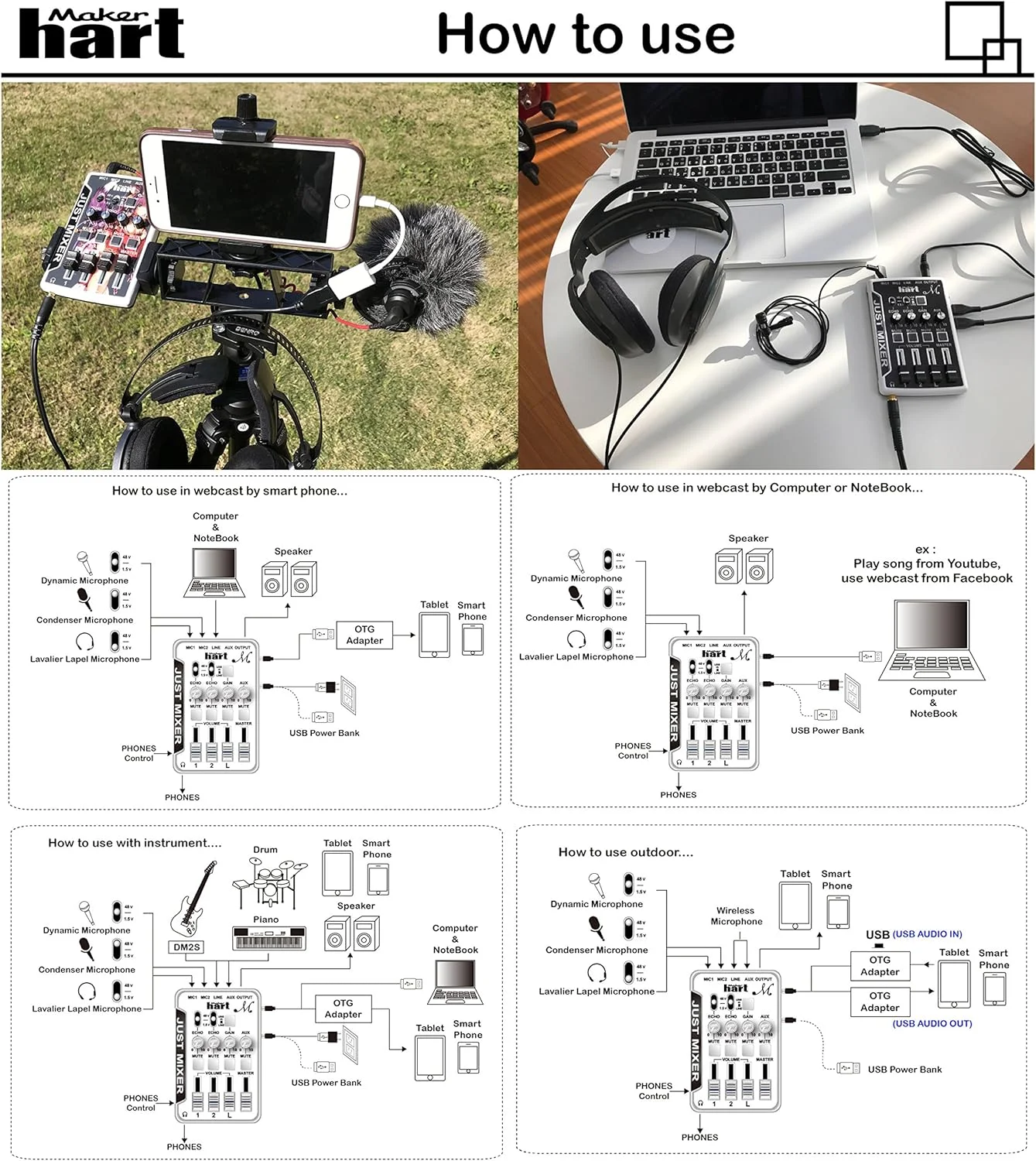 میکسر کوچک میکروفون Maker Hart Just Mixer M با پری امپ برای فانتوم پاور، ورودی و خروجی صدای USB (پکیج پایه، مشکی) میکسر کوچک میکروفون Maker Hart Just Mixer M با پری امپ برای فانتوم پاور، ورودی و خروجی صدای USB (پکیج پایه، مشکی)