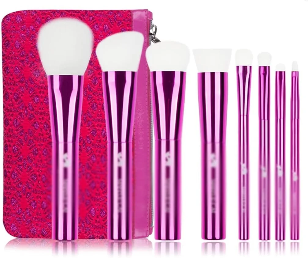 ست برس آرایشی 8 تکه قابل حمل، موی مصنوعی صورتی، ابزار آرایش مبتدی، برس پودر، سایه چشم