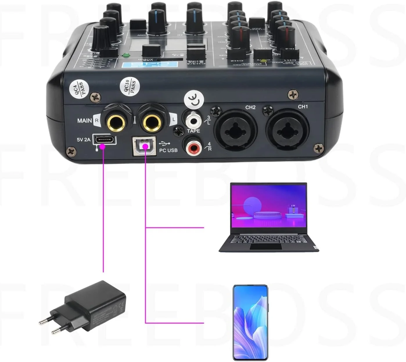 میکسر صوتی استریو SJHDKLW مدل AG-AS04B، 24 بیتی، دارای 99 افکت DSP، فرکانس نمونه برداری 192 کیلوهرتز، میکسر صوتی بلوتوثی کوچک با ضبط USB و فانتوم پاور، مناسب برای تولید زنده پیشرفته