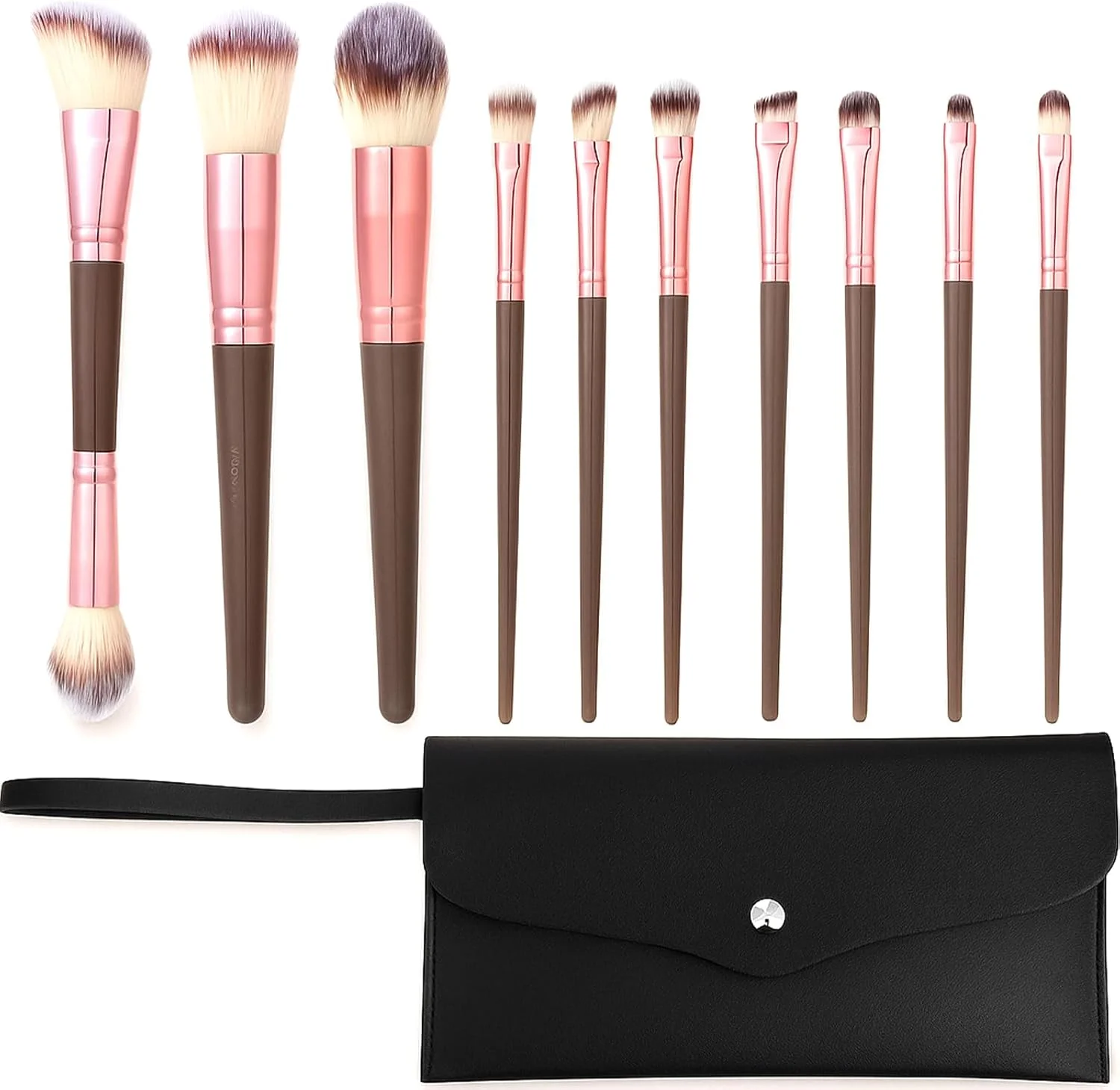 ست برس آرایشی، 10 عدد برس دو طرفه کرم پودر با سر زاویه دار/گرد، طلایی شامپاینی قهوه ای برای ترکیب کرم پودر مایع