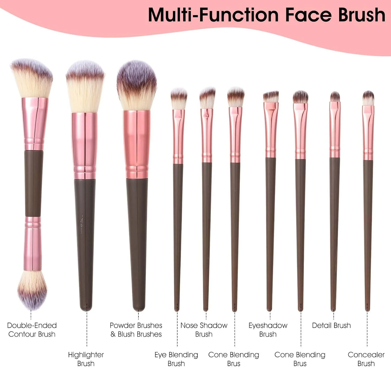 ست برس آرایشی، 10 عدد برس دو طرفه کرم پودر با سر زاویه دار/گرد، طلایی شامپاینی قهوه ای برای ترکیب کرم پودر مایع