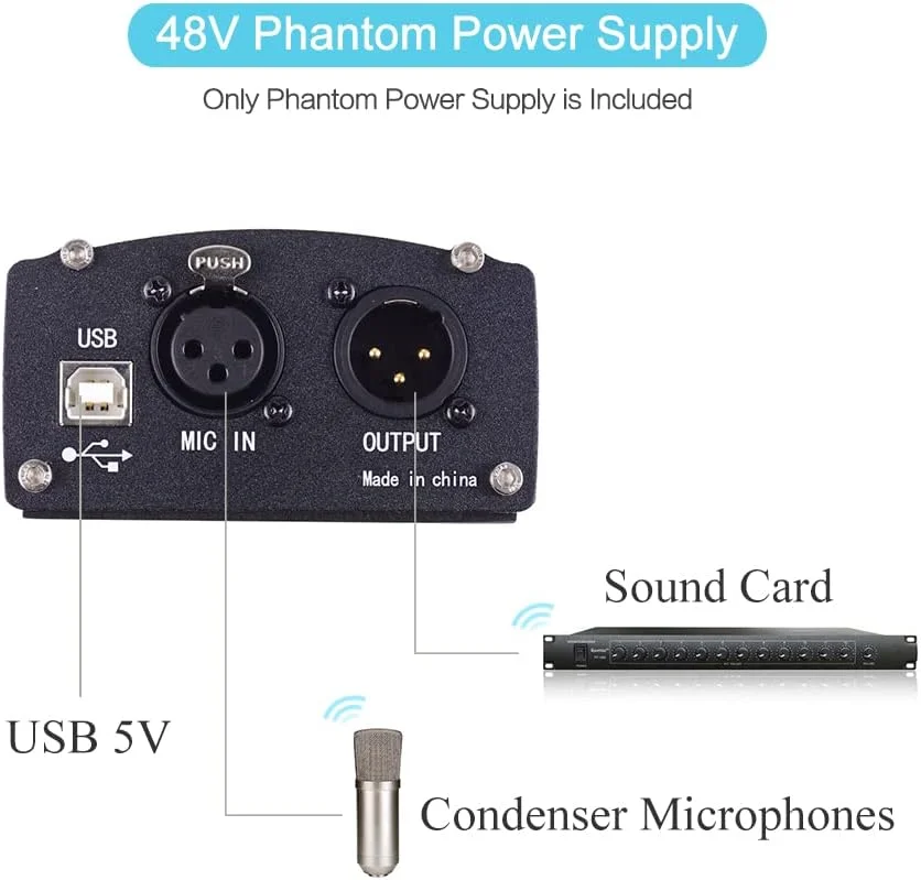 منبع تغذیه فانتوم 48 ولت برای میکروفون کندانسر، ضبط موسیقی استودیویی با عملکرد USB منبع تغذیه فانتوم 48 ولت برای میکروفون کندانسر، ضبط موسیقی استودیویی با عملکرد USB