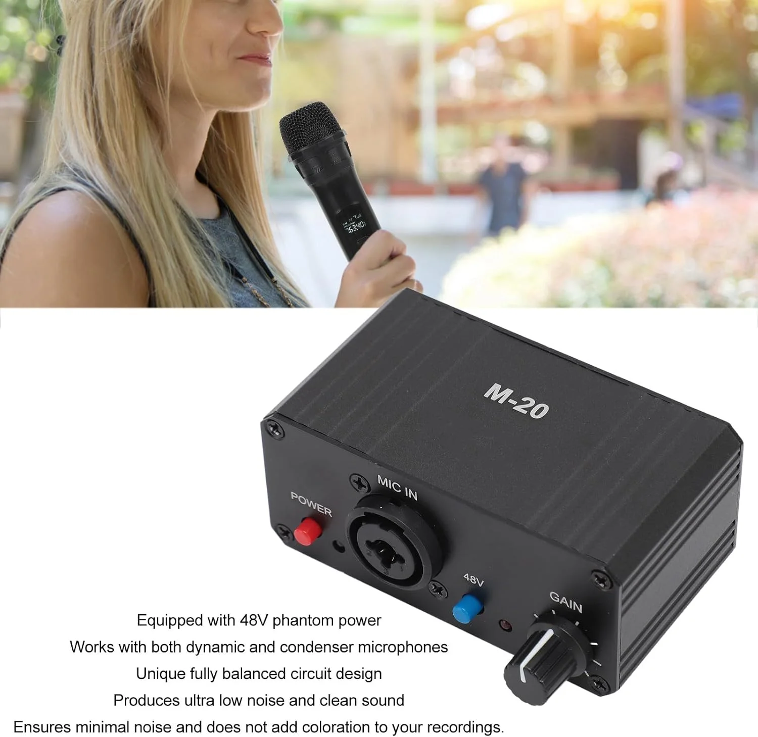 پری امپ میکروفون، تقویت کننده گین میکروفون با گین بالای 20dB با خروجی XLR، توان 48 ولت و نویز کم، پیش تقویت کننده میکروفون برای میکروفون های دینامیک و کندانسور پری امپ میکروفون، تقویت کننده گین میکروفون با گین بالای 20dB با خروجی XLR، توان 48 ولت و نویز کم، پیش تقویت کننده میکروفون برای میکروفون های دینامیک و کندانسور
