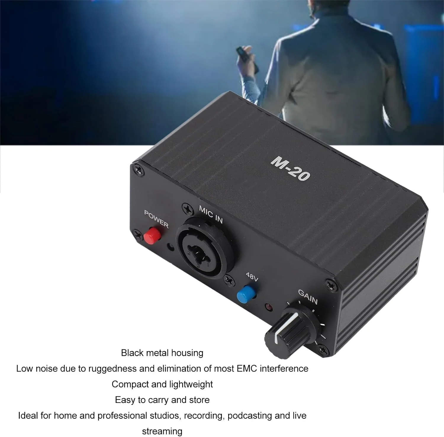 پری امپ میکروفون، تقویت کننده گین میکروفون با گین بالای 20dB با خروجی XLR، توان 48 ولت و نویز کم، پیش تقویت کننده میکروفون برای میکروفون های دینامیک و کندانسور پری امپ میکروفون، تقویت کننده گین میکروفون با گین بالای 20dB با خروجی XLR، توان 48 ولت و نویز کم، پیش تقویت کننده میکروفون برای میکروفون های دینامیک و کندانسور