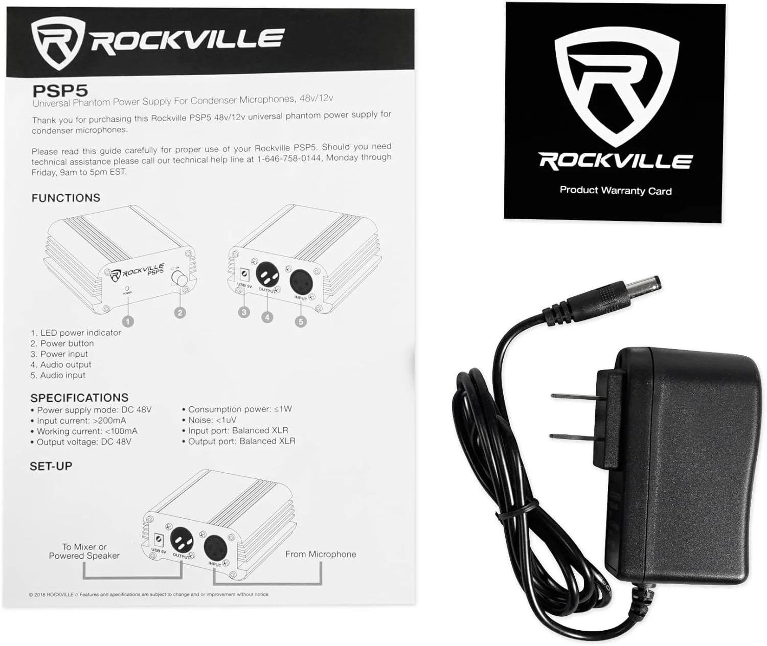 منبع تغذیه فانتوم 48 ولت یونیورسال Rockville PSP5 برای 4 میکروفون کندانسر