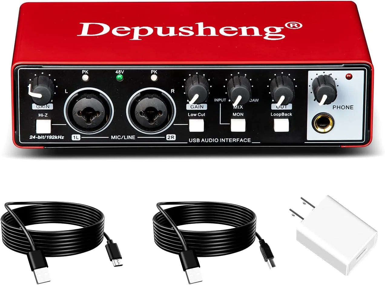 Depusheng RED USB Audio Interface for Recording Music, XLR Interface with 48 V Phantom Power, Audio Box for Guitarists,Podcasters or Producers to record and playback studio quality sound