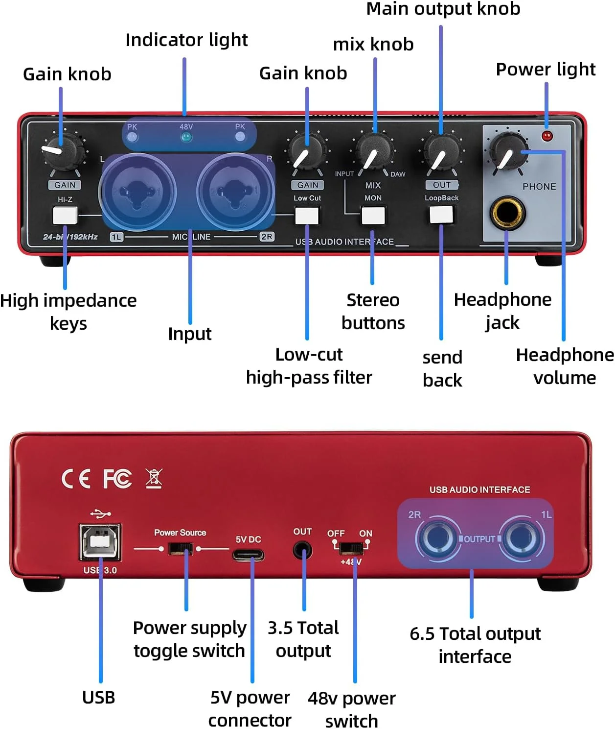 Depusheng RED USB Audio Interface for Recording Music, XLR Interface with 48 V Phantom Power, Audio Box for Guitarists,Podcasters or Producers to record and playback studio quality sound Depusheng RED USB Audio Interface for Recording Music, XLR Interface with 48 V Phantom Power, Audio Box for Guitarists,Podcasters or Producers to record and playback studio quality sound