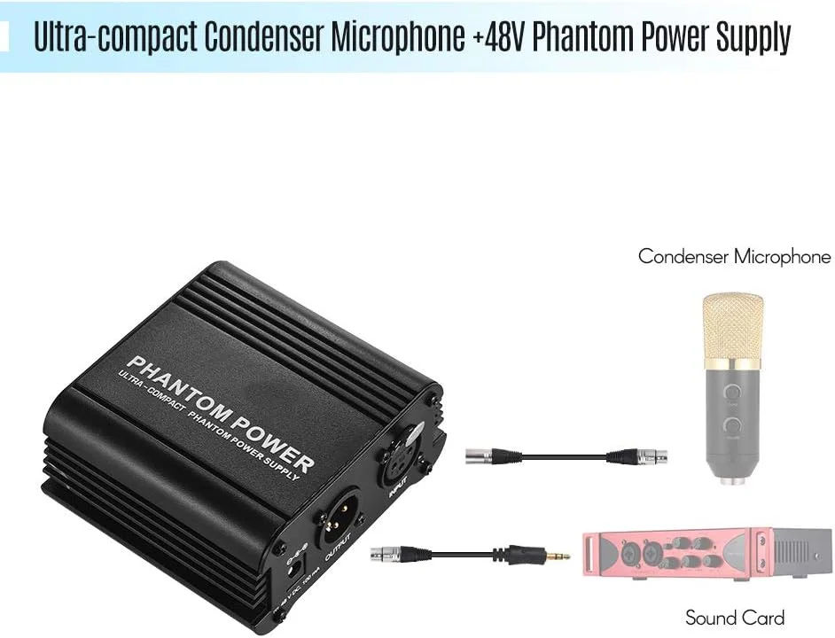 منبع تغذیه فانتوم 48 ولت فوق العاده فشرده BAGGRA با ورودی و خروجی XLR برای ضبط موسیقی استودیویی میکروفون کندانسور