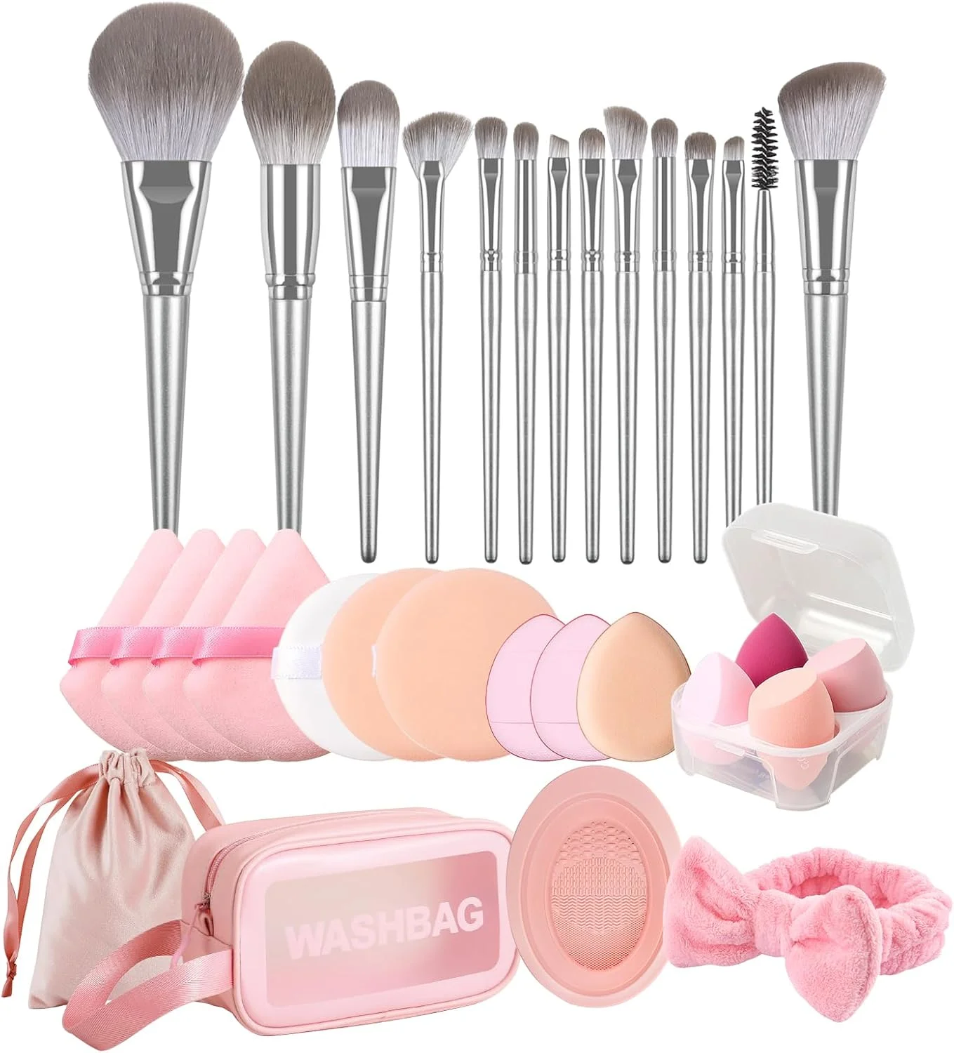 ست برس آرایشی، ست برس آرایشی با مثلث، گرد و پودر پاف مینی، اسفنج آرایشی، مت تمیز کننده، کیف حمل، ست ابزار آرایشی برای کرم پودر، پودر، کانسیلر، سایه چشم