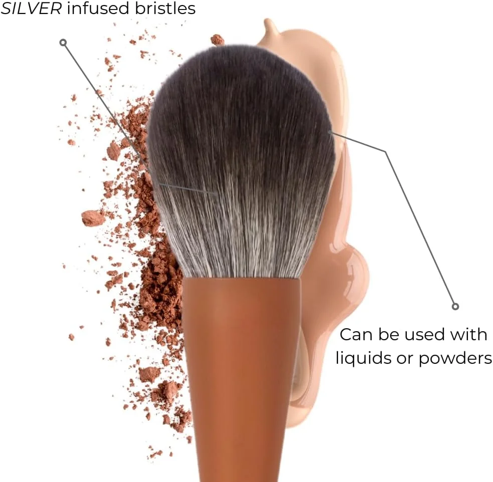 ست برس آرایشی - مجموعه کامل برس های آرایشی براش بابل برای کرم پودر مایع، پودرها، کرم ها و سایه ها. 11 تکه وگان، آغشته به نقره، نرم و لوکس