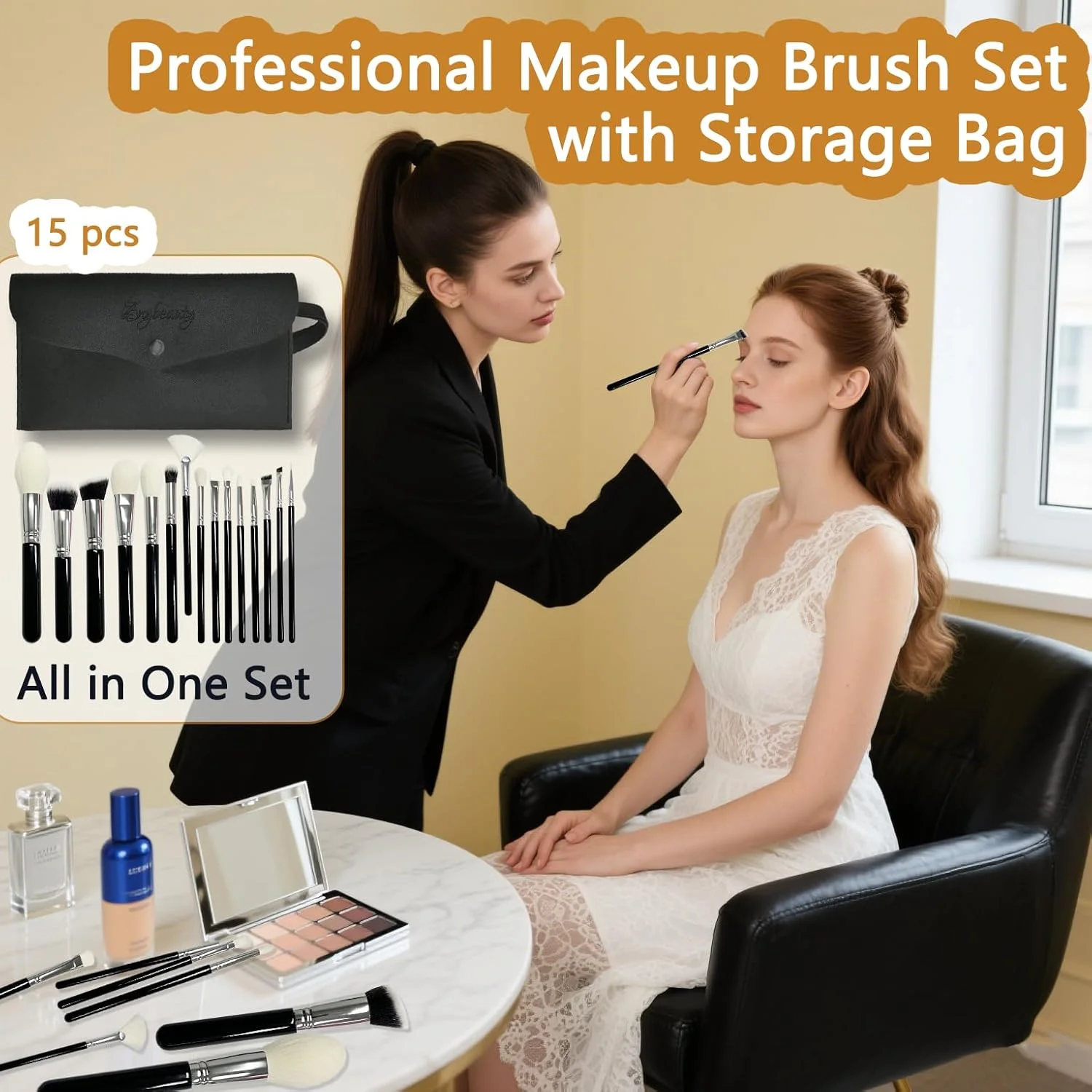 ست براش آرایشی، 15 تکه براش حرفه ای آرایش، موهای پشمی درجه یک، استفاده فوق العاده نرم و یکنواخت، ست برس فونداسیون، پودر، رژگونه، سایه چشم، ابرو، کانتور و لب به همراه کیف PU، مشکی