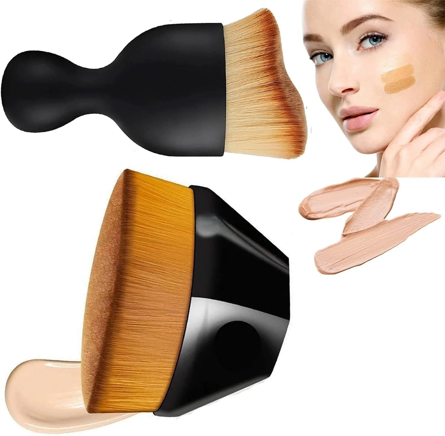 ست براش آرایشی، 2 عدد براش کرم پودر مایع برای آرایش صورت، ست براش رژگونه کانتور مایع، براش های آرایشی مسافرتی با کیف، مناسب برای لوازم آرایشی پودری، کرمی یا مایع ترکیبی