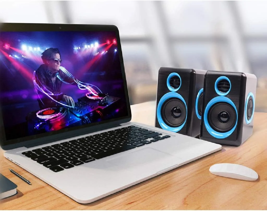 اسپیکر کامپیوتر ساراند SilteD با بیس عمیق، اسپیکر چند رسانه ای سیم دار USB برای لپ تاپ های PC با دیافراگم چهار بلندگو داخلی (رنگ: آبی)