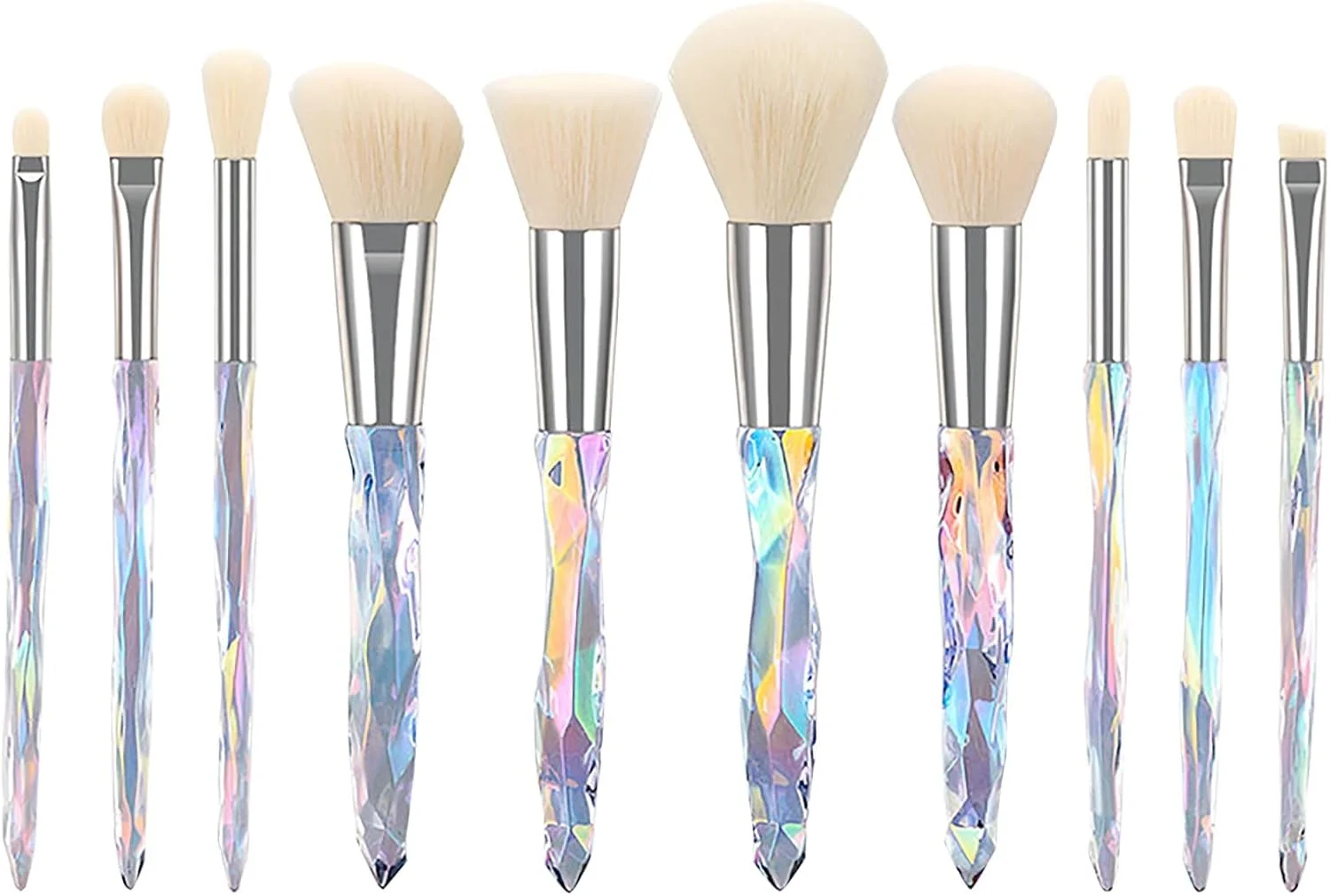 ست برس آرایشی 10 عددی، برس های آرایشی کریستالی، برس های پودر با موهای مصنوعی ممتاز، برس های کرم پودر، کانسیلر، سایه چشم، خط چشم و ابرو، ابزار زیبایی دخترانه برای زنان (سفید، تک سایز)