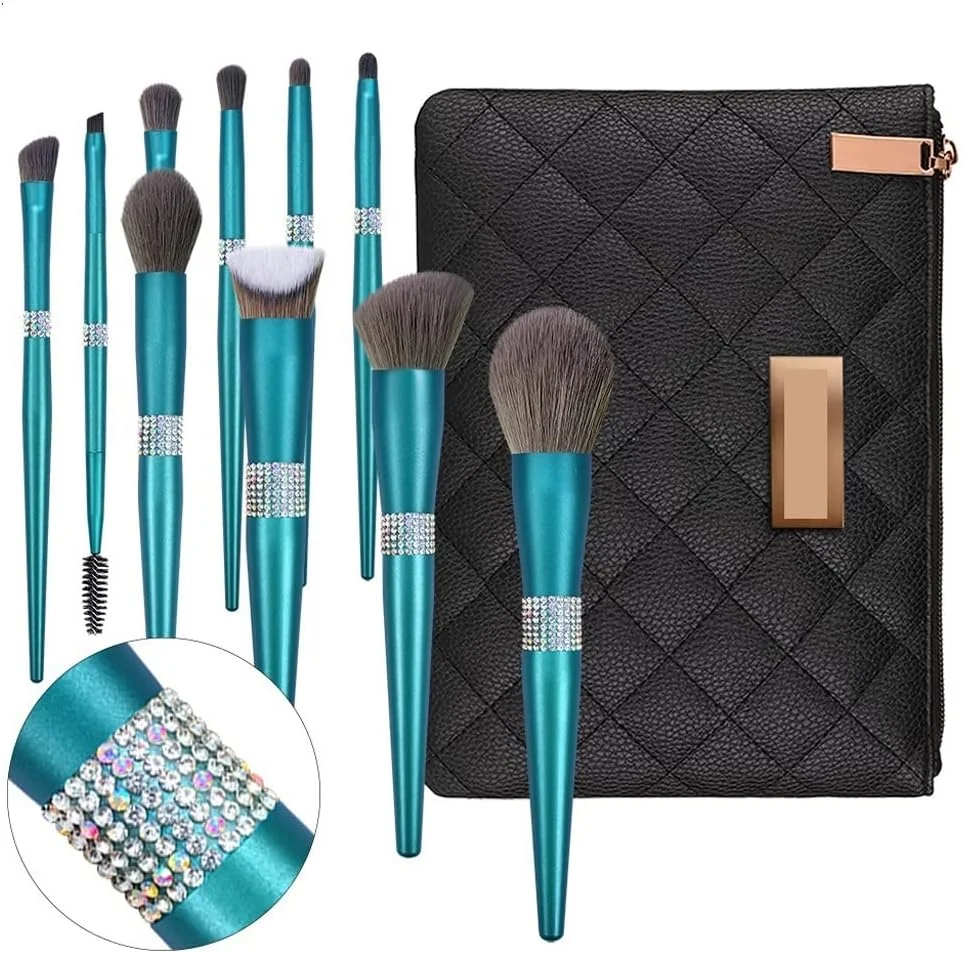 ست برس آرایشی 10 عددی دسته نگین دار ابزارهای آرایشی براق