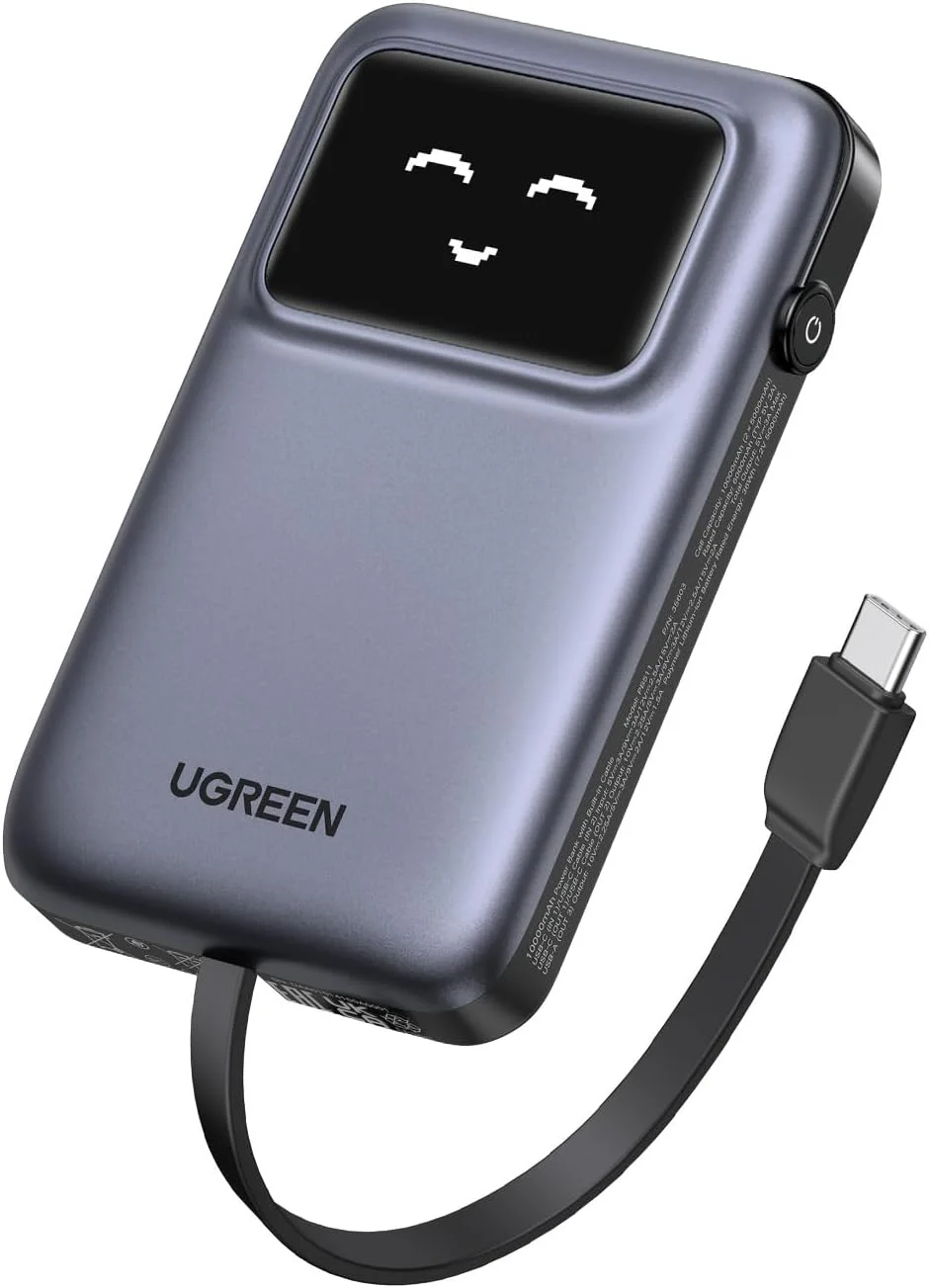 پاوربانک UGREEN Uno با کابل USB-C داخلی، شارژر قابل حمل 10000 میلی آمپر ساعتی PD 30W، بسته باتری با شارژ سریع، خروجی 3 طرفه با صفحه نمایش TFT برای سری iPhone 17-8/Galaxy S21-25/iPad Pro، AirPods و غیره