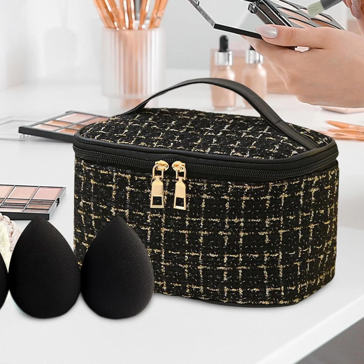 ست برس آرایشی | برس های پودر، رژگونه و سایه چشم - ابزار و لوازم جانبی آرایشی با کیف مسافرتی شیک برای دختر، همسر و زنان