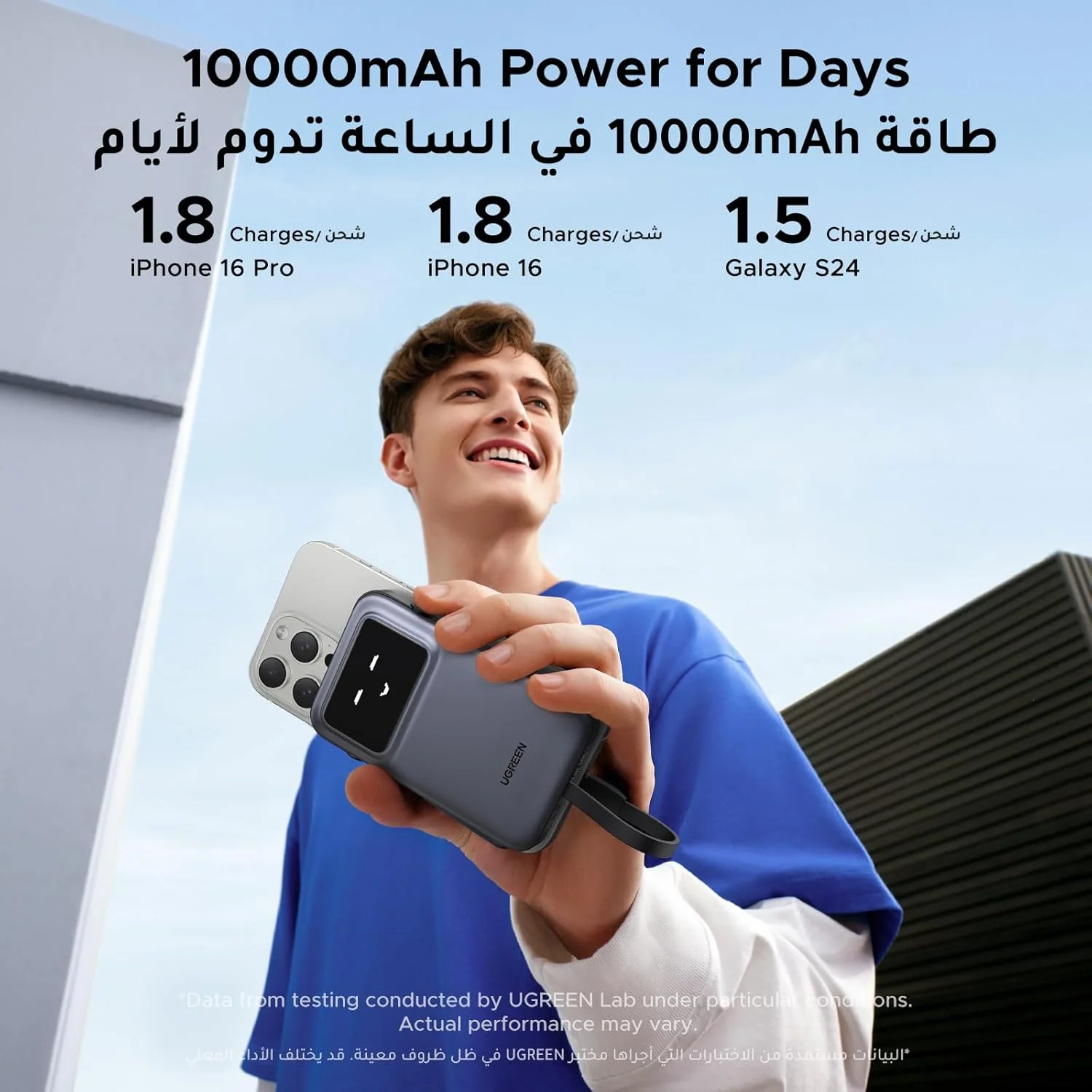 پاوربانک UGREEN Uno با کابل USB-C داخلی، شارژر قابل حمل 10000 میلی آمپر ساعتی PD 30W، بسته باتری با شارژ سریع، خروجی 3 طرفه با صفحه نمایش TFT برای سری iPhone 17-8/Galaxy S21-25/iPad Pro، AirPods و غیره