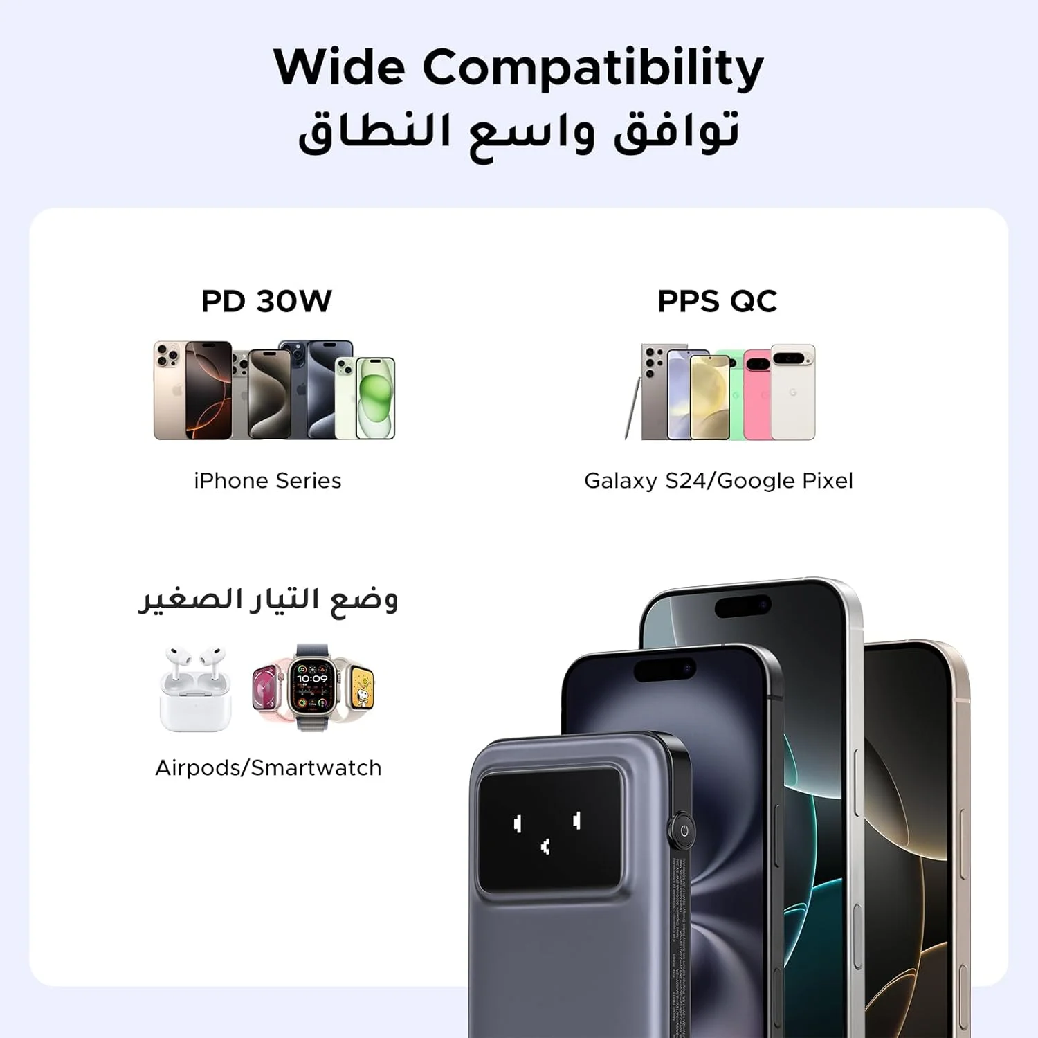 پاوربانک UGREEN Uno با کابل USB-C داخلی، شارژر قابل حمل 10000 میلی آمپر ساعتی PD 30W، بسته باتری با شارژ سریع، خروجی 3 طرفه با صفحه نمایش TFT برای سری iPhone 17-8/Galaxy S21-25/iPad Pro، AirPods و غیره