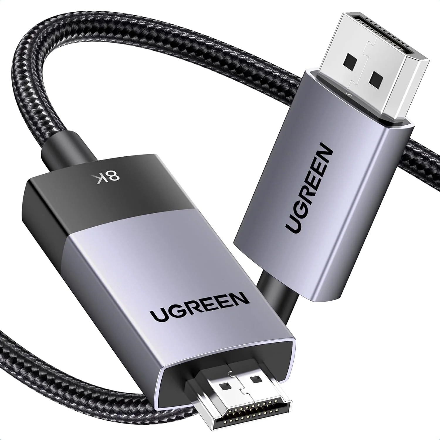 کابل 2 متری DisplayPort به HDMI یوگرین 8K، پشتیبانی از 8K@60Hz و 4K@240Hz، تبدیل فعال DP 1.4 به HDMI 2.1 یک طرفه HDR، Dolby، پهنای باند 32.4Gbps، کابل بافته شده DP سازگار با مانیتور، Dell، HP، EPSON، Sony