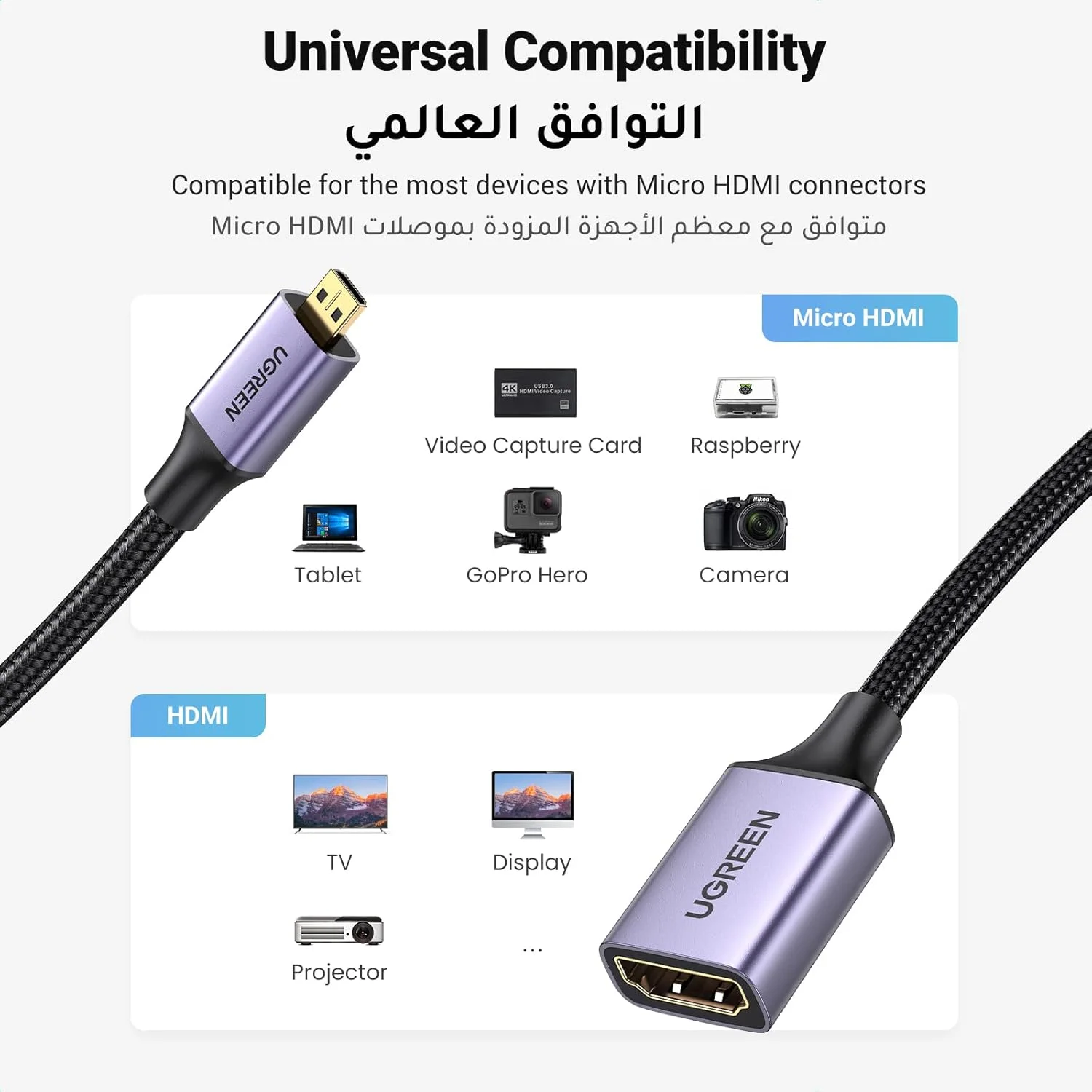 کابل آداپتور بافته شده Micro HDMI به HDMI یوگرین، کابل پرسرعت نر به ماده، پشتیبانی از 3D 4K 60Hz 1080P اترنت بازگشت صدا سازگار برای GoPro Hero 6 5، تبلت ها، دوربین ها، PS5 - مشکی - 0.25 متر کابل آداپتور بافته شده Micro HDMI به HDMI یوگرین، کابل پرسرعت نر به ماده، پشتیبانی از 3D 4K 60Hz 1080P اترنت بازگشت صدا سازگار برای GoPro Hero 6 5، تبلت ها، دوربین ها، PS5 - مشکی - 0.25 متر