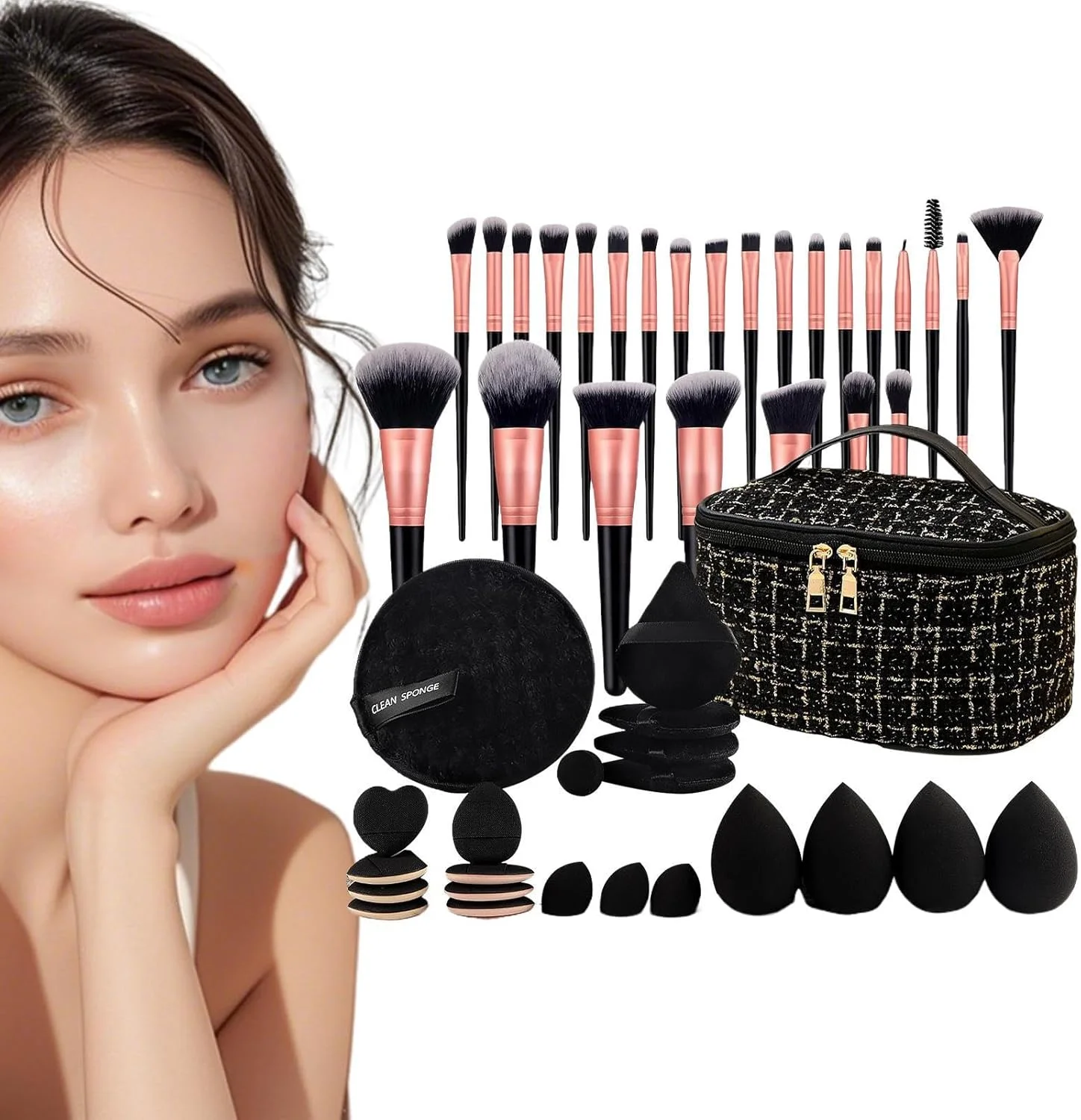 ست برس آرایشی - برس های پودر، رژگونه و سایه چشم | لوازم جانبی ابزار آرایشی کیف مسافرتی شیک برای دختر، همسر و زنان