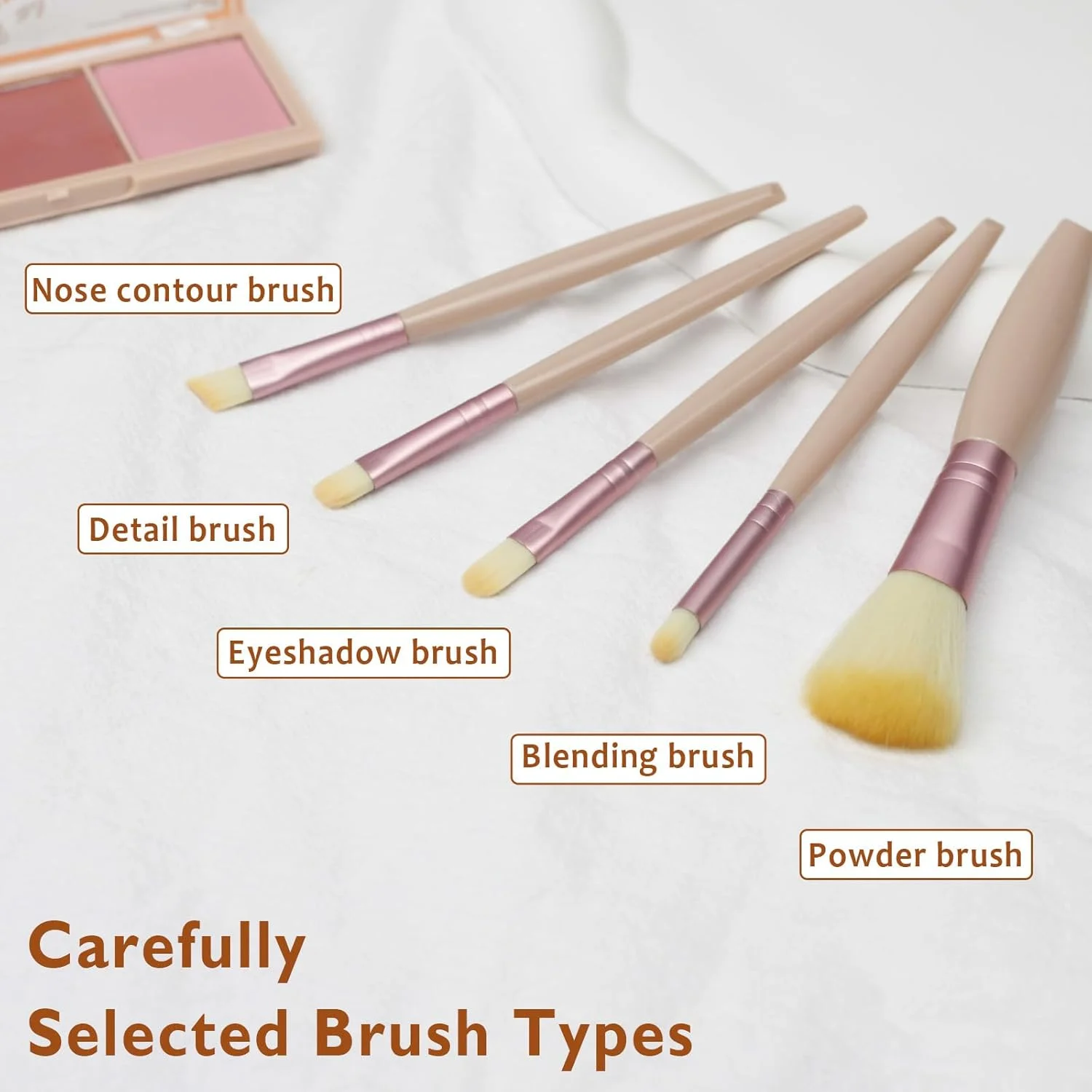 ست برس آرایشی - 5 تکه - زردآلویی، برس های کوچک آرایشی مسافرتی با جعبه آینه دار، ابزار آرایش حرفه ای برای استفاده در سفر