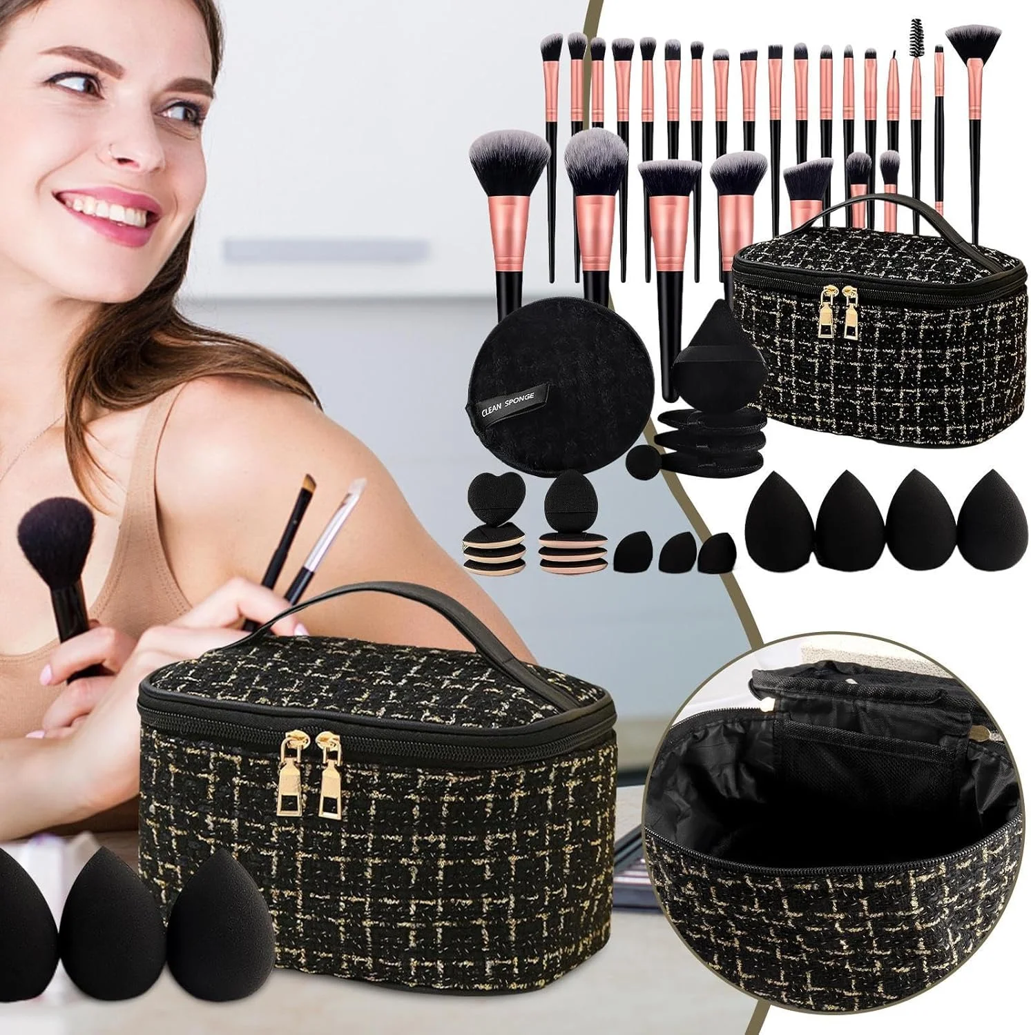 ست برس آرایشی - برس های سایه چشم و رژگونه، لوازم جانبی آرایش، کیف مسافرتی، ابزار و لوازم آرایشی قابل حمل برای دختر، همسر، مادر