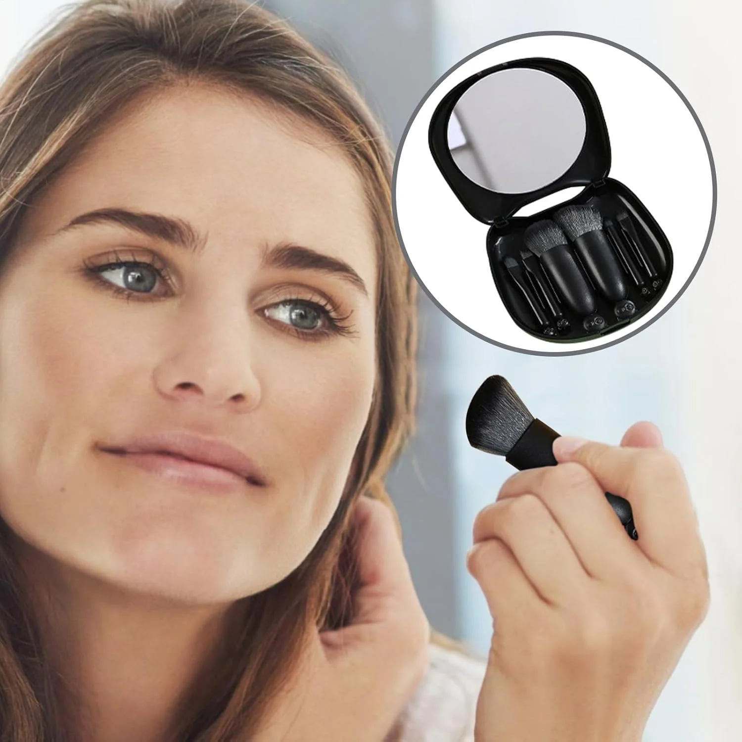 ست برس آرایشی - مجموعه برس لوازم آرایشی - لوازم آرایشی قابل حمل با جعبه نگهداری آینه ای طرح گربه برای سفر، ماموریت کاری، استفاده روزانه در فضای باز، تولدها، زنان و دوستان