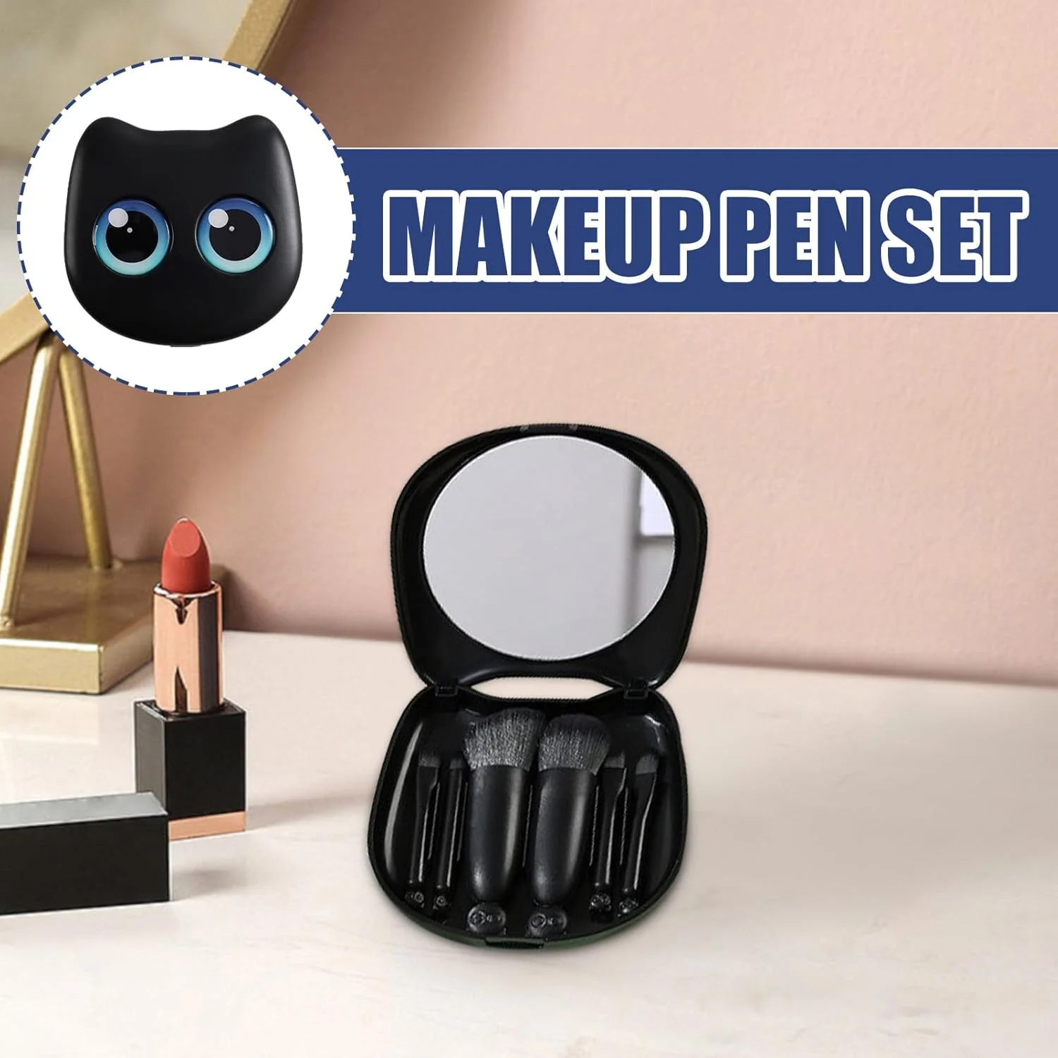 مجموعه برس آرایشی | ست کامل برس آرایشی - جعبه نگهداری طرح گربه با آینه، لوازم آرایشی قابل حمل برای استفاده روزانه، مسافرت، سفر کاری، رفت و آمد در فضای باز، تولدها، دوستان، دوستداران گربه