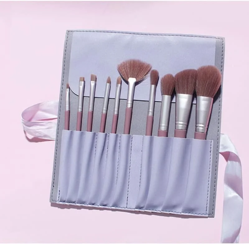 ست 10 عددی برس آرایشی موی نرم دسته بلند، برس رژگونه، برس پودر فیکس، برس کرم پودر