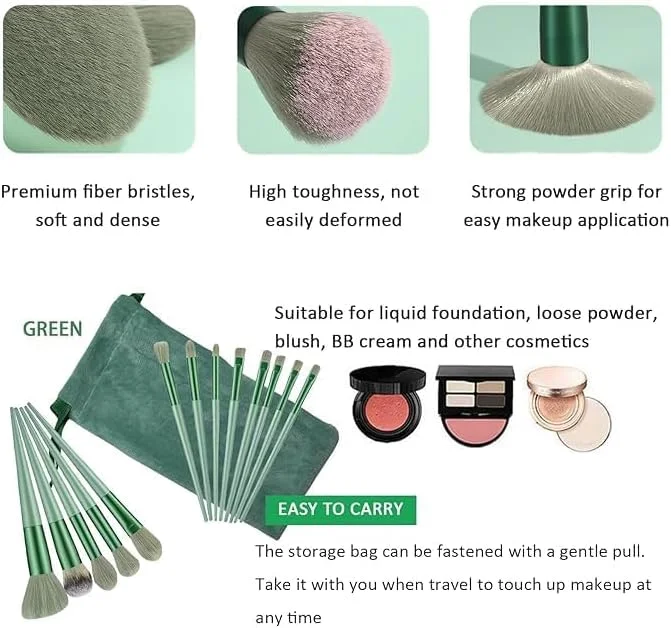 ست برس آرایشی ماکنا، مجموعه 13 عددی برس آرایش برای کرم پودر، ابرو، کانسیلر، سایه چشم، پودر، کیت برس آرایشی برای مسافرت و استفاده روزانه (سبز)